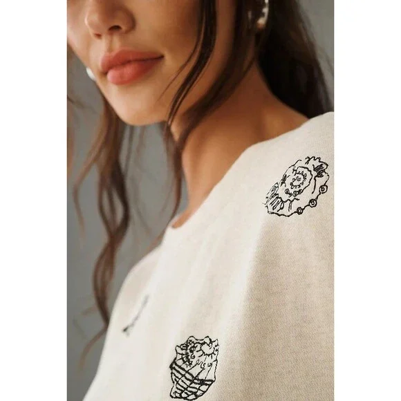 Anthropologie Maeve Embroidered Shell Short-Sleeve Sweatshirt Top L New 281991